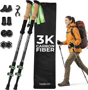 Trekology 3K Carbon Fiber Trekking Poles (210g) - Pair of Ultralight Hiking Poles with Cor