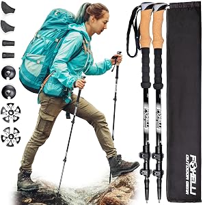 Foxelli Carbon Fiber Trekking Poles – Lightweight Collapsible Hiking Poles with Cork Grips, Quick Flip Locks & All-Terrain Accessories – Adjustable Height Hiking Sticks for Men & W